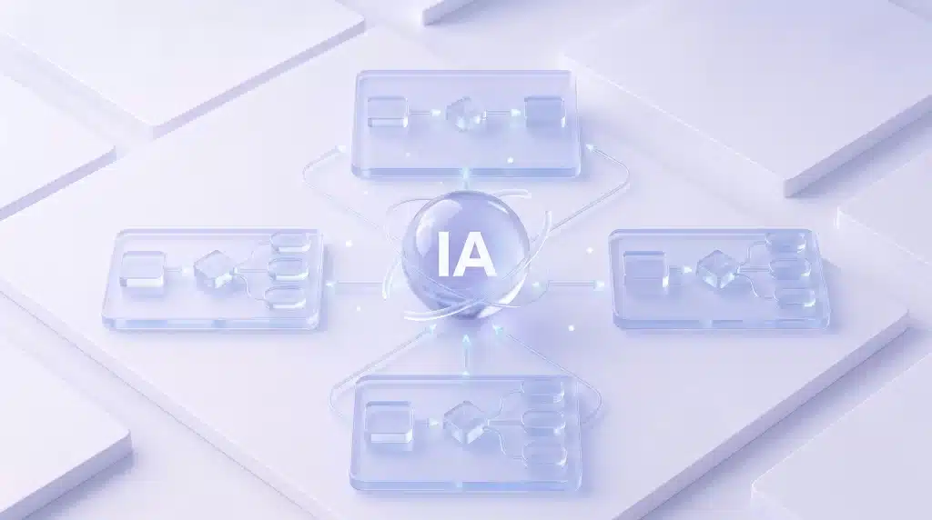 Ilustração 3D em tons de lilás mostrando uma esfera central com a sigla "IA", conectada por setas luminosas a quatro painéis translúcidos que exibem fluxogramas de processos representando a inteligência artificial para gestão de processos.