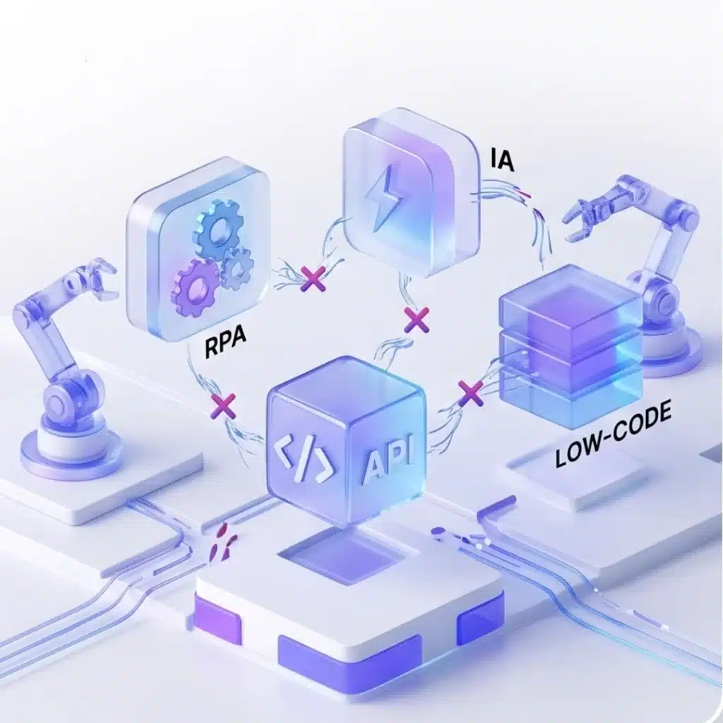 Ilustração tecnológica em estilo 3D translúcido com tons de azul e roxo, mostrando a conexão de quatro pilares da hiperautomação: RPA, IA, API e Low-Code, interligados por circuitos e braços robóticos.