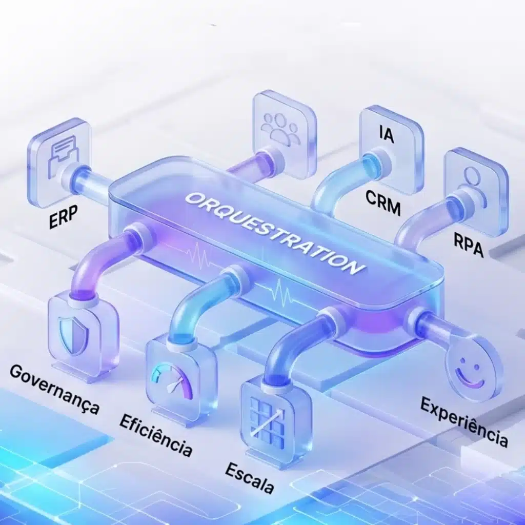 Ilustração 3D translúcida em tons de azul e roxo mostrando uma centralizadora com a palavra 'ORQUESTRATION'. Tubos conectados ligam sistemas como ERP, CRM, IA e RPA a pilares de negócio: Governança, Eficiência, Escala e Experiência.