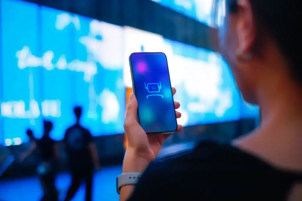 Foto em plano médio, vista pelas costas e ombro de uma pessoa segurando um smartphone com a mão esquerda. A tela do celular exibe um fundo gradiente azul e roxo com um ícone estilizado de robô e a inscrição "IA". O fundo está desfocado, mostrando um grande painel de LED azul brilhante e silhuetas de pessoas caminhando em um ambiente urbano noturno.