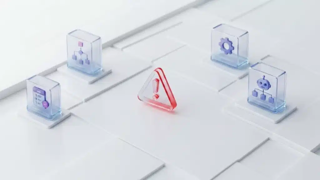 Representação 3D de quatro cubos de vidro com ícones de automação, isolados uns dos outros, com um sinal de alerta vermelho centralizado, simbolizando o problema da automação em silos nas empresas.