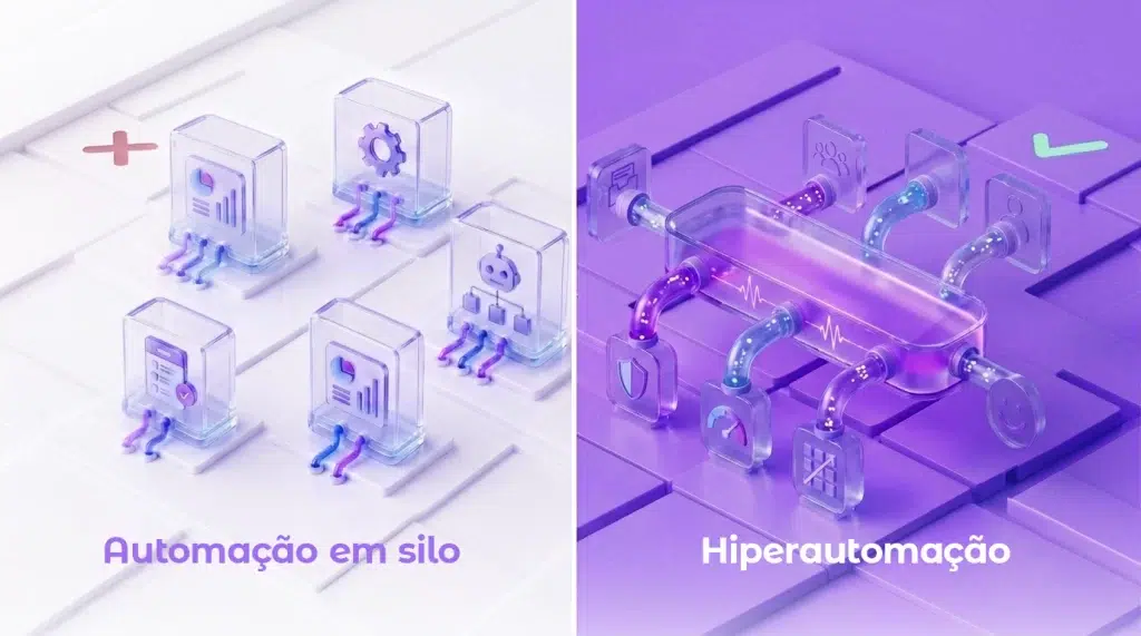 Uma ilustração 3D isométrica de tela dividida comparando visualmente "automação em silo" desconexa (esquerda, em fundo branco com ícones isolados) com "Hiperautomação" integrada (direita, em fundo roxo com um sistema de cubos de vidro interconectados e fluxo de dados central). Isso representa a automação fragmentada contra a automação orquestrada.