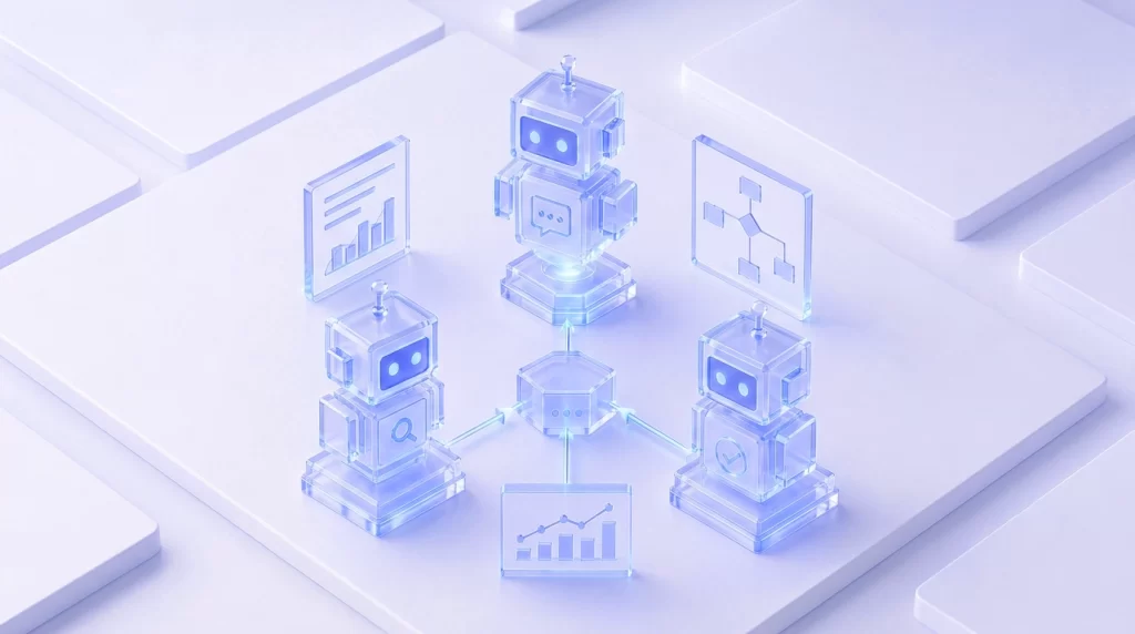 Ilustração 3D em estilo de vidro translúcido em tons de azul e lilás mostrando três pequenos robôs robóticos interconectados por linhas luminosas a um bloco central. Ao redor, há painéis flutuantes com gráficos de barras, fluxogramas e linhas de tendência.