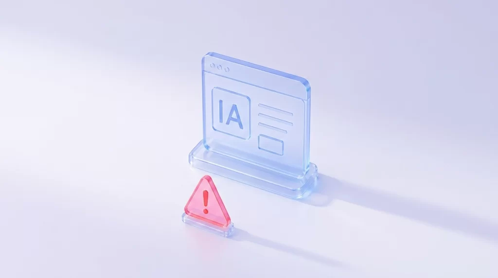 Ilustração 3D com estilo de vidro transparente de uma janela de navegador com a inscrição "IA" e um triângulo de alerta vermelho representação os problemas dos agentes de IA para empresas.