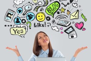 Online life concept. Business Woman looking upwards while workin