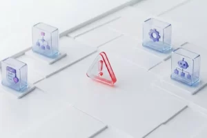 Representação 3D de quatro cubos de vidro com ícones de automação, isolados uns dos outros, com um sinal de alerta vermelho centralizado, simbolizando o problema da automação em silos nas empresas.