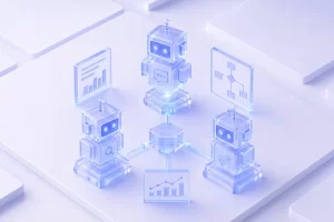 Ilustração 3D em estilo de vidro translúcido em tons de azul e lilás mostrando três pequenos robôs robóticos interconectados por linhas luminosas a um bloco central. Ao redor, há painéis flutuantes com gráficos de barras, fluxogramas e linhas de tendência.