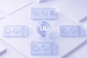Ilustração 3D em tons de lilás mostrando uma esfera central com a sigla "IA", conectada por setas luminosas a quatro painéis translúcidos que exibem fluxogramas de processos representando a inteligência artificial para gestão de processos.